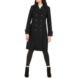Kenneth Cole New York Sz L Womens Double-Breasted Contrast-Piping Peacoat Black